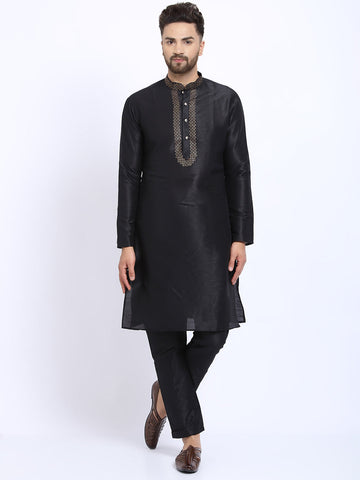 Embellished Black Brocade Kurta with Aligarh Pajama by Luxury at Less