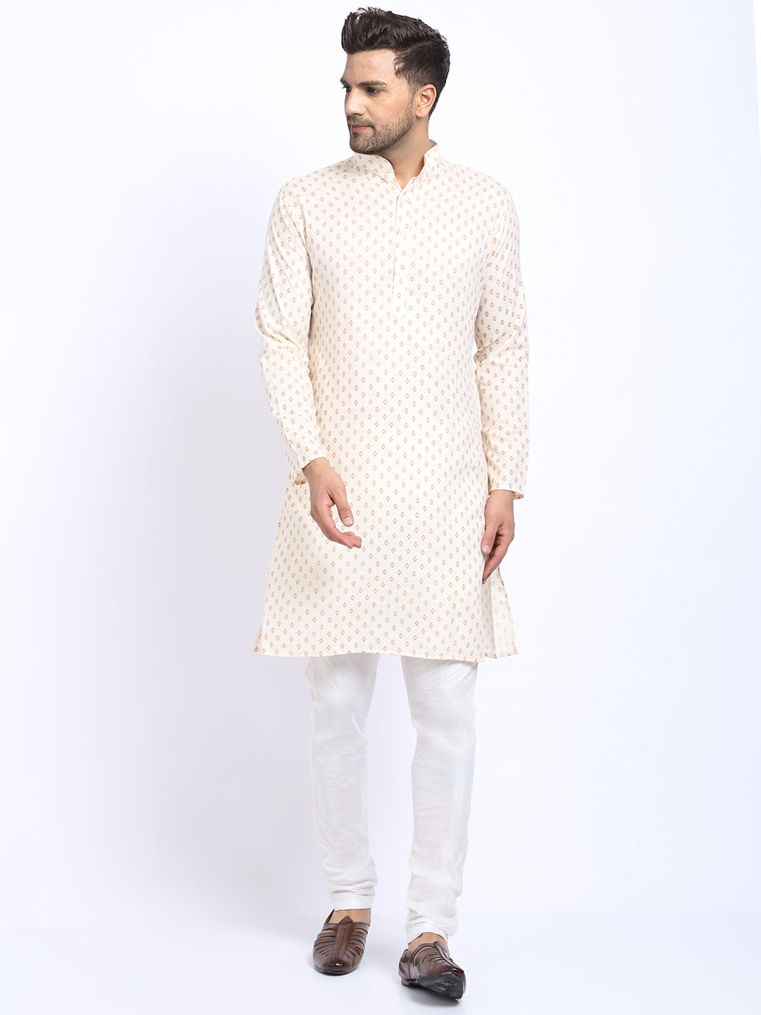 Printed Cream Cotton Kurta with Churidar Pajama by Luxury at Less