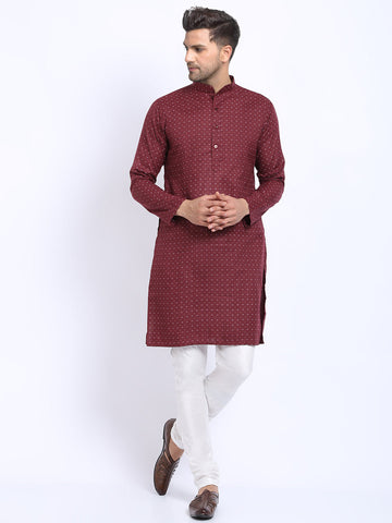 Printed Maroon Cotton Kurta with Churidar Pajama by Luxury at Less