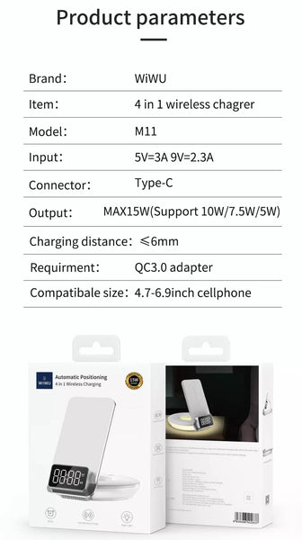 4 in 1 Wireless Fast Charger with Time Clock and Backlight