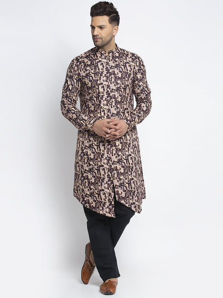 Designer Cotton Brown Block Printed Kurta With Aligarh Pajama Set For Men By Luxury at Less