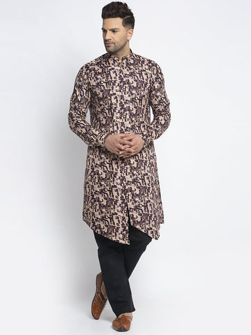 Designer Cotton Brown Block Printed Kurta With Aligarh Pajama Set For Men By Luxury at Less