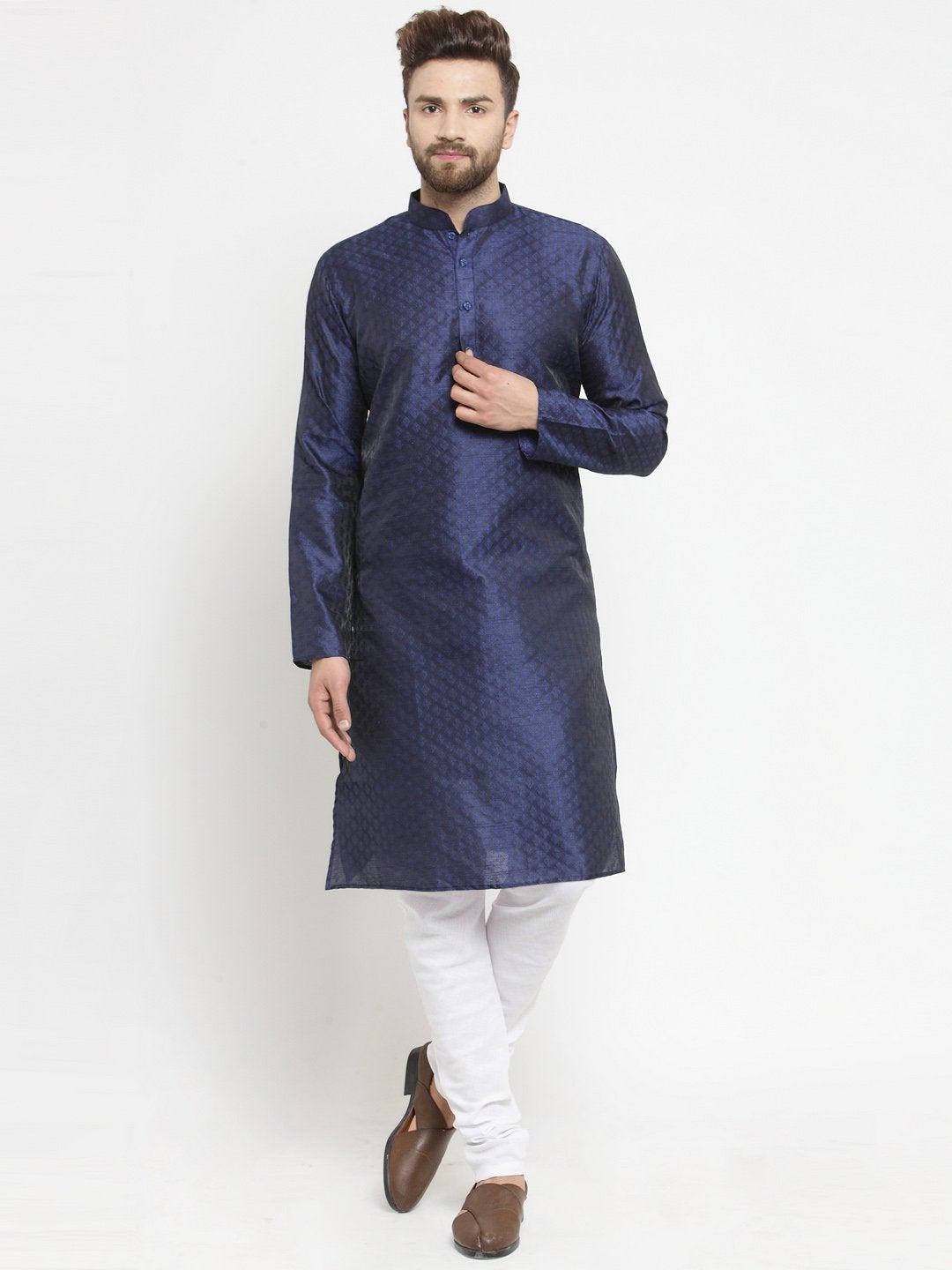 Embellished Brocade Kurta in Navy Blue with Churidar by Luxury at Less