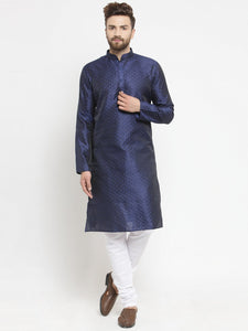 Embellished Brocade Kurta in Navy Blue with Churidar by Luxury at Less