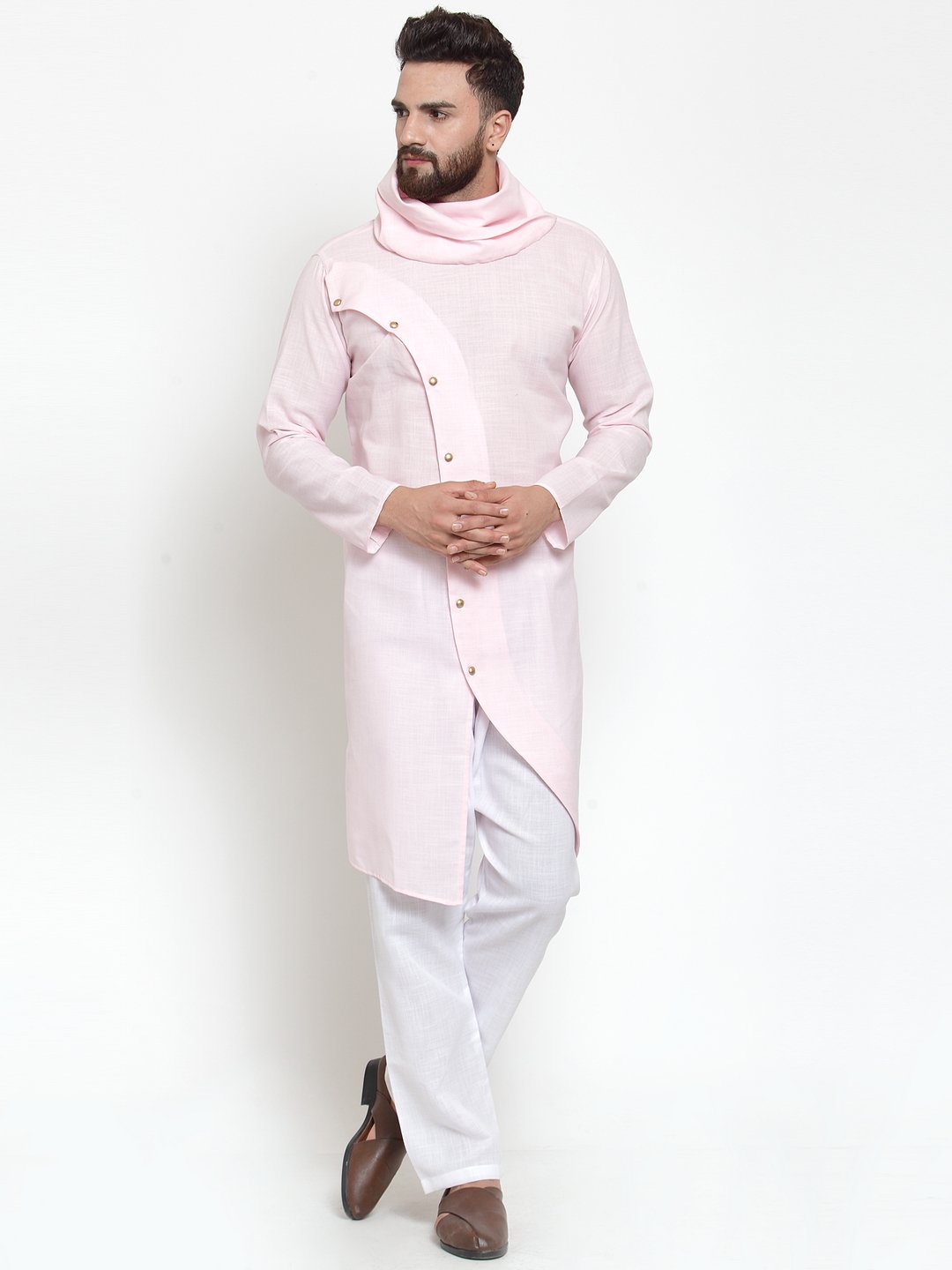 Pink Kurta With Aligarh Pajama in Linen For Men by Luxury at Less