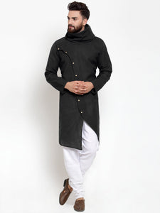 Black Kurta With Churidar Pajama Set in Linen For Men by Luxury at Less