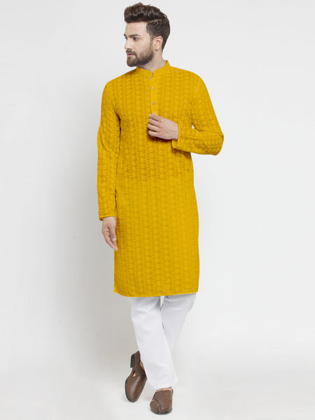 Mustard Yellow Chikankari Lucknowi Jaal Embroidered Kurta with Aligarh Pajama For Men  by Luxury at Less