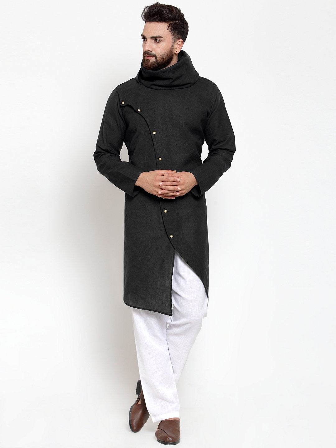 Black Kurta With Aligarh Pajama Set in Linen For Men by Luxury at Less