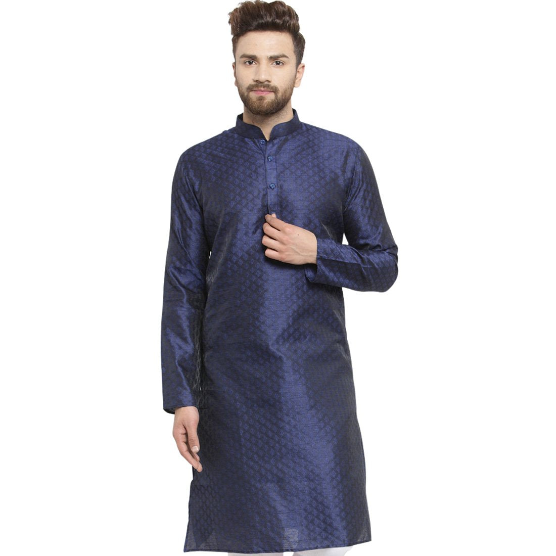 Embellished Brocade Kurta in Navy Blue By Luxury at Less