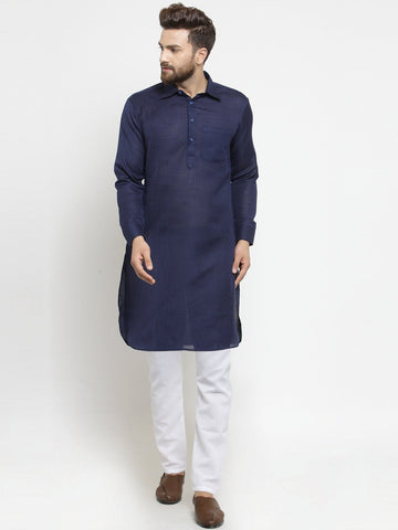 Designer Navy Blue Pathani Lenin Kurta with White Aligarh Pajama by Luxury at Less