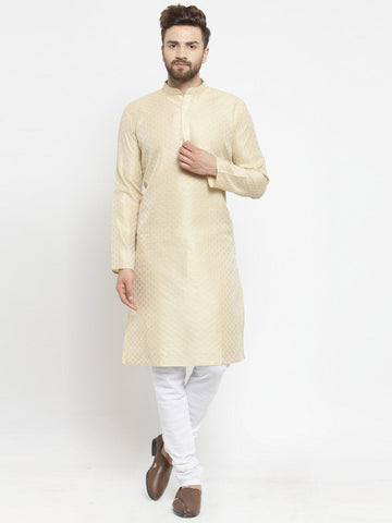 Embellished Brocade Kurta in Beige with Churidar by Luxury at Less