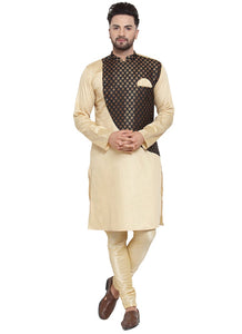 Brocade Silk Beige and Black Kurta With Churidar Pajama Set