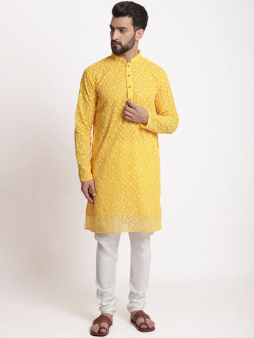 Yellow Chikankari Floral Embroidery Kurta With Churidar Pajama by Luxury at Less