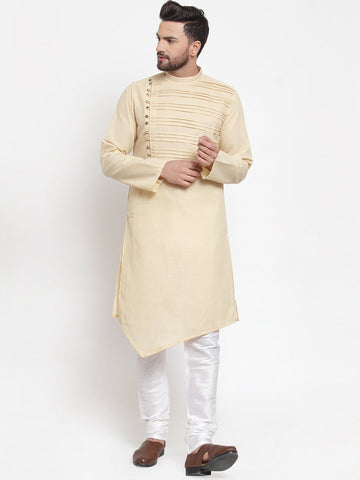 Designer Beige Kurta With Churidar Pajama Set in Linen For Men by Luxury at Less