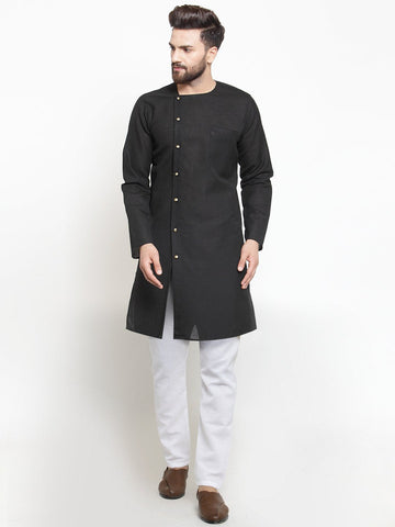 Designer Full Sleeve Black Kurta With Aligarh Pajama Set in Linen For Men by Luxury at Less