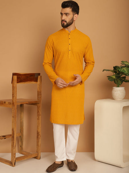 Designer Mustard Yellow Chikankari Embroidered Kurta Pajama Set by Luxury at Less