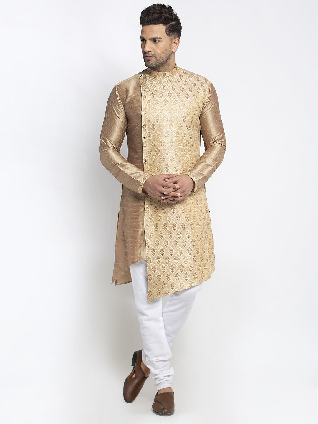 Embellished Brocade Golden Kurta With Churidar Pajama Set For Men By Luxury at Less