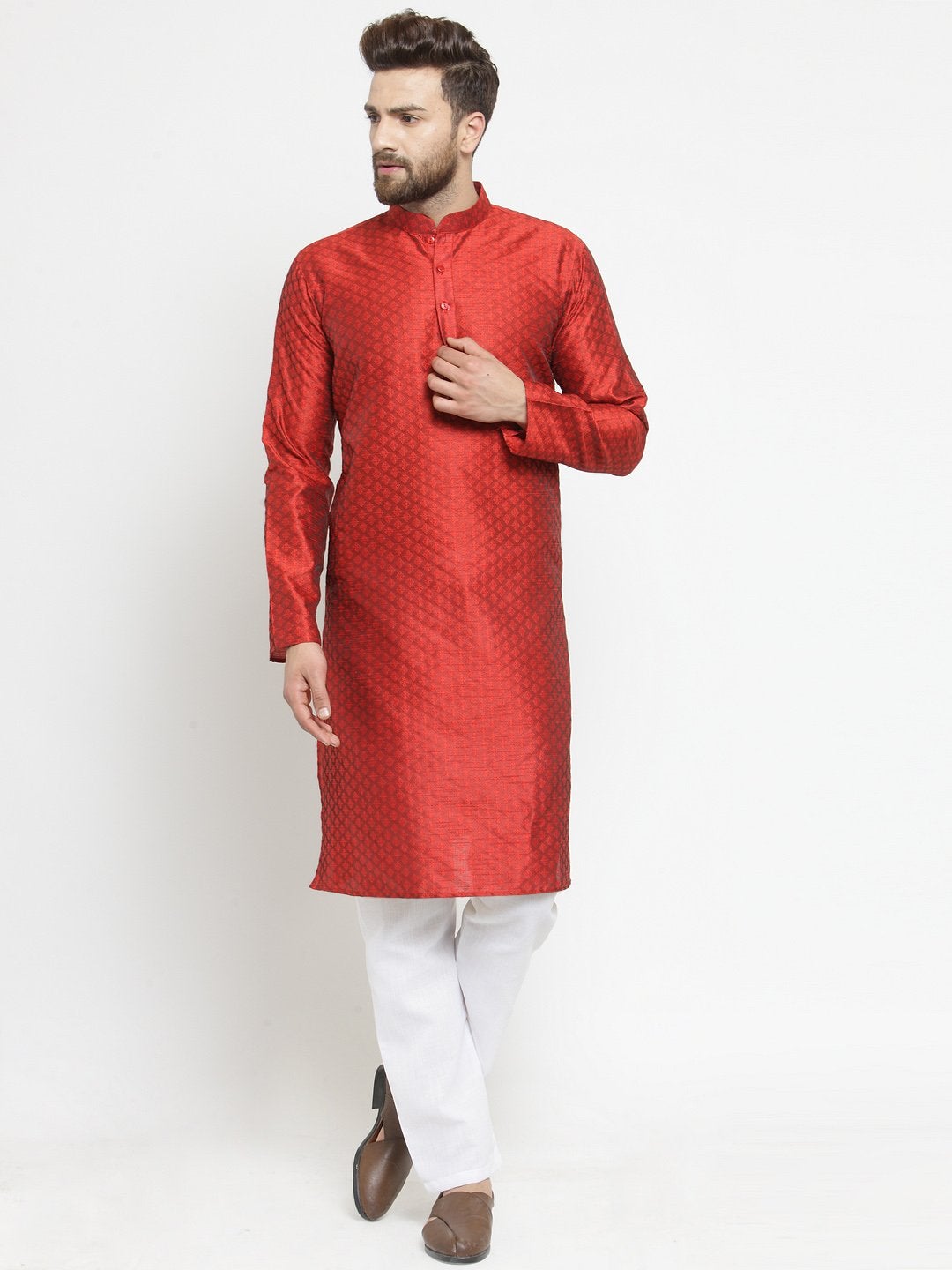 Embellished Brocade Kurta in Red with Aligarh by Luxury at Less