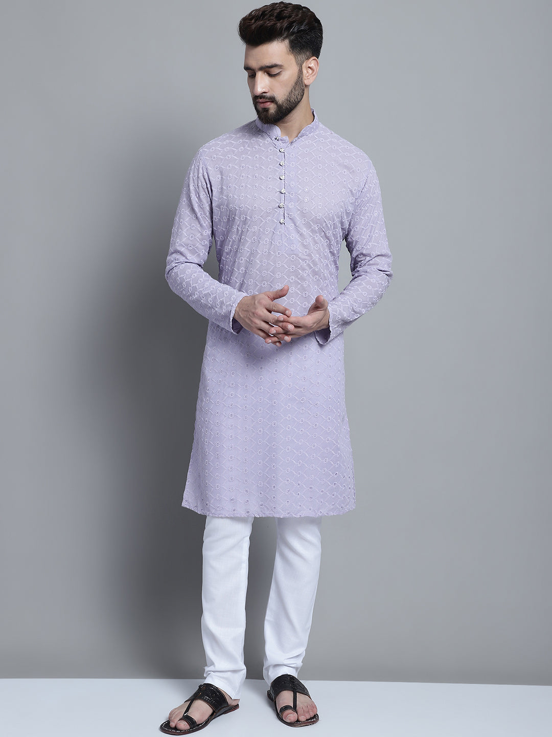 Lavender Chikankari Embroidery Cotton Kurta Pajama Set by Luxury at Less