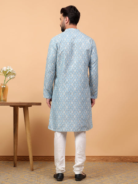 Traditional  Ethnic Wear  Printed  Art Silk Full Sleeve Straight  Regular Fit  Blue Kurta Pyjama Set  For Men