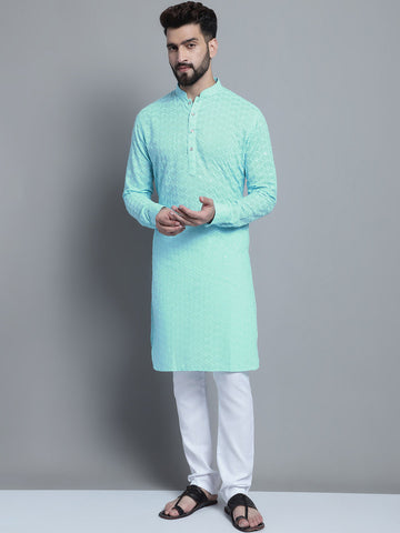 Sky Blue Chikankari Embroidery Cotton Kurta Pajama Set by Luxury at Less