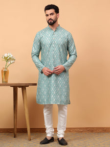 Traditional  Ethnic Wear  Printed  Art Silk Full Sleeve Straight  Regular Fit  Green Kurta Pyjama Set  For Men