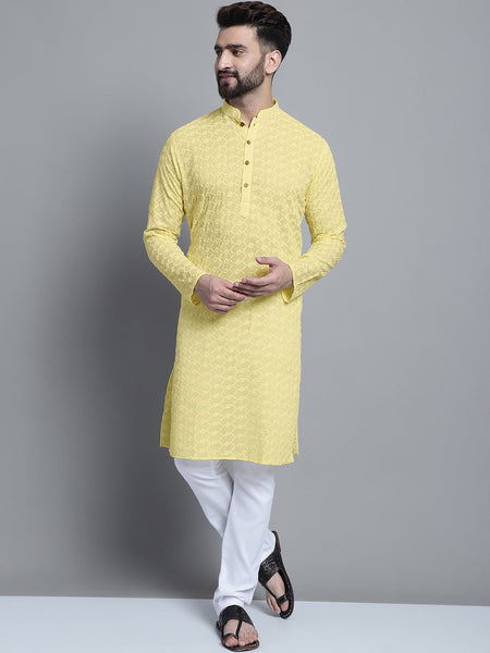 Cream Color Chikankari Embroidery Cotton Kurta Pajama by Luxury at Less