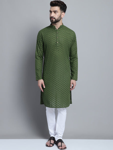 Green Chikankari Embroidery Cotton Kurta Pajama Set by Luxury at Less