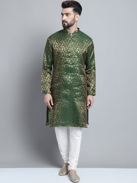 Golden Detailing Brocade Kurta Pajama Set by Luxury at Less