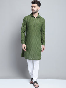 Embroidered Cotton Chikankari Green Pathani Kurta Pajama Set by Luxury at Less