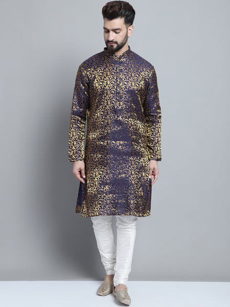 Designer Blue Brocade Kurta Pajama Set by Luxury at Less