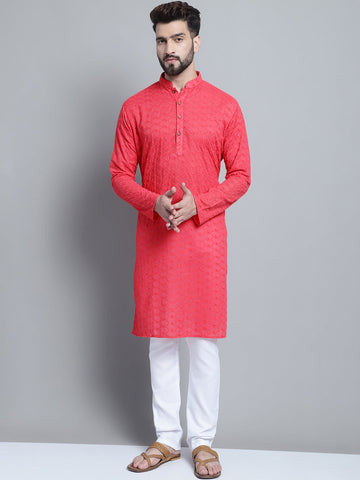 Carrot Red Chikankari Embroidery Cotton Kurta Pajama by Luxury at Less