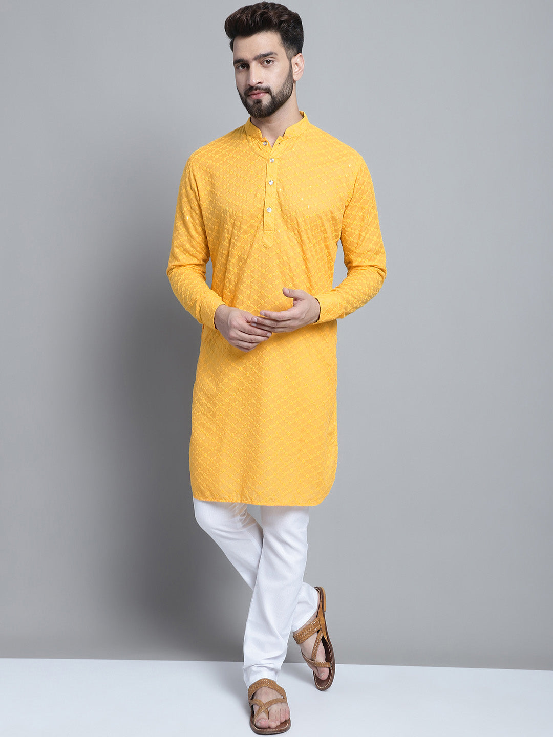 Yellow Chikankari Embroidery Cotton Kurta Pajama Set by Luxury at Less