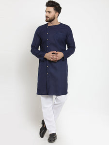 Navy Blue Kurta With Aligarh Pajama Set in Linen for men by Luxury at Less