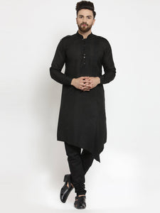 Black Kurta With Churidar Pajama Set in Linen For Men by Luxury at Less