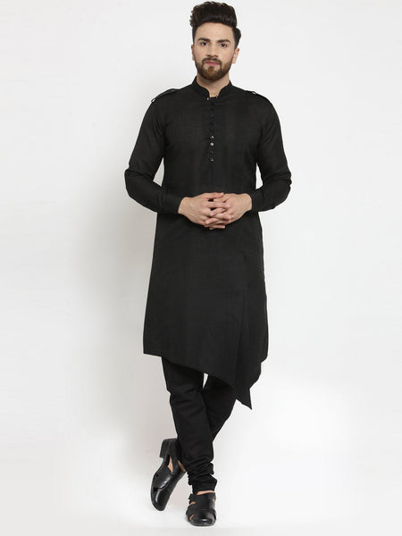 Black Kurta With Churidar Pajama Set in Linen For Men by Luxury at Less