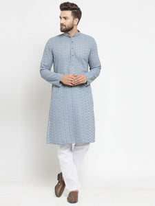 Light Blue Cotton Chikankari Lucknowi Jaal Embroidered Kurta with Aligarh Pajama by Luxury at Less