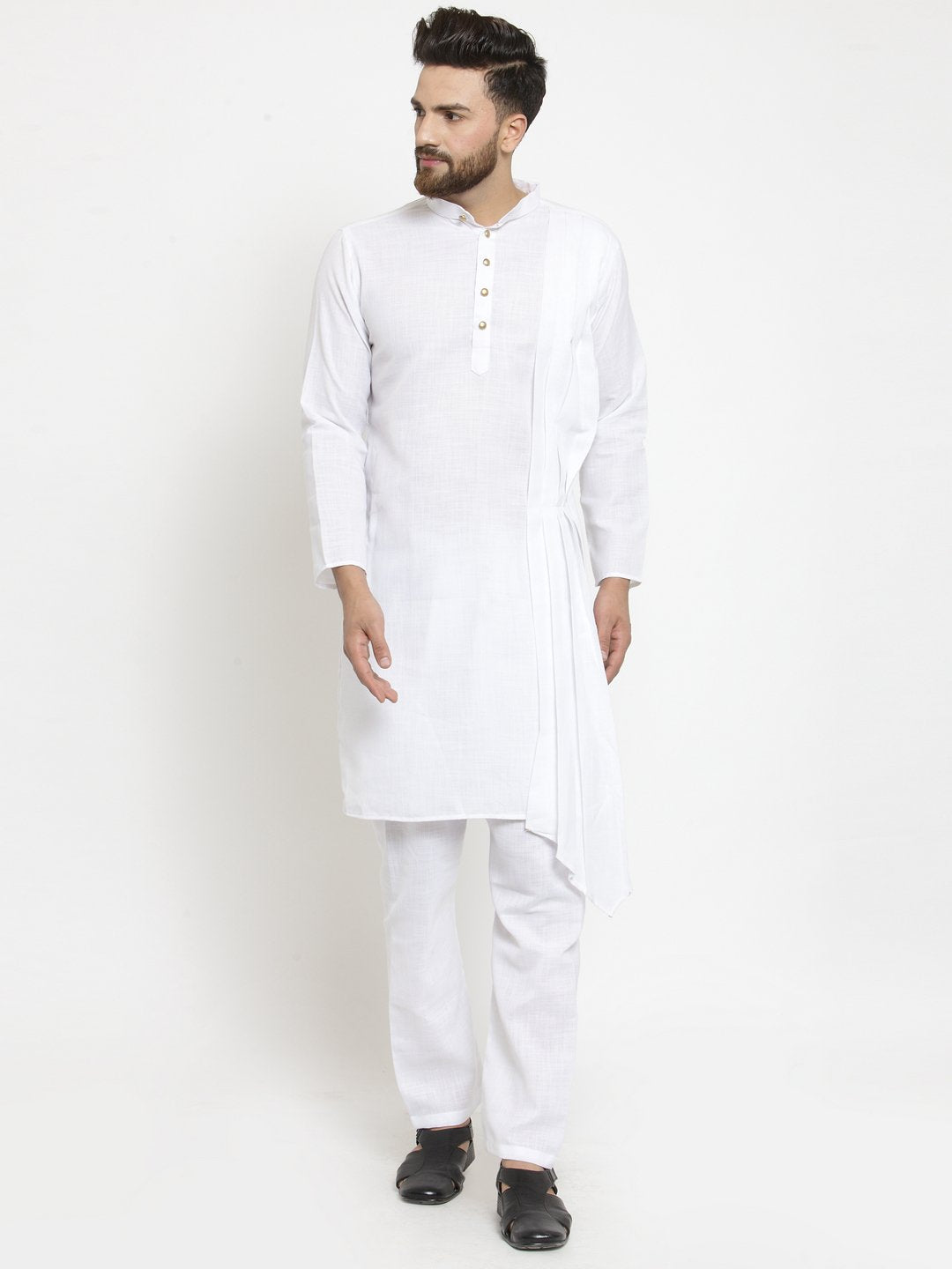 White Kurta With Aligarh Pajama Set in Linen For Men by Luxury at Less