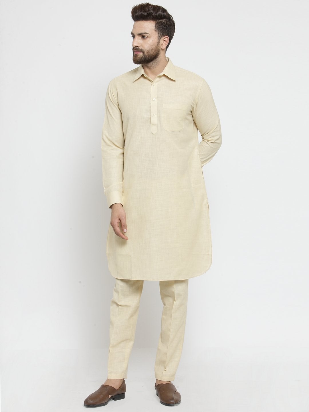 Designer Beige Pathani Lenin Kurta with Pants for a Royal look by Luxury at Less