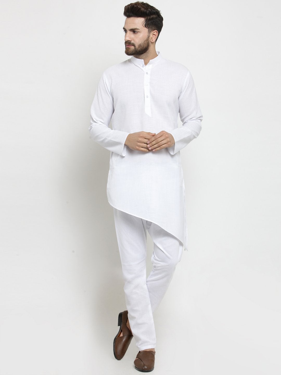 Designer White Linen Kurta With Aligarh Pajama For Men By Luxury at Less