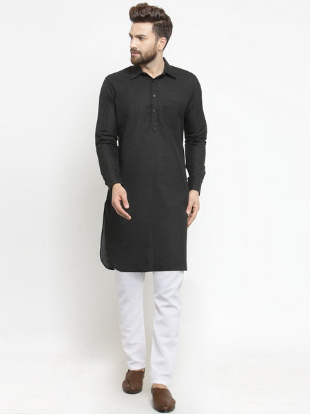 Designer Black Pathani Lenin Kurta with White Aligarh Pajama by Luxury at Less