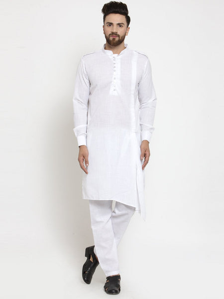 White Kurta With Aligarh Pajama Set in Linen For Men by Luxury at Less