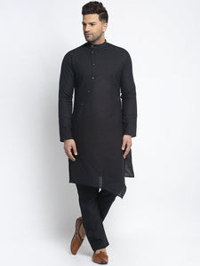 Designer Black Linen Kurta With Aligarh Pajama Set For Men By Luxury at Less