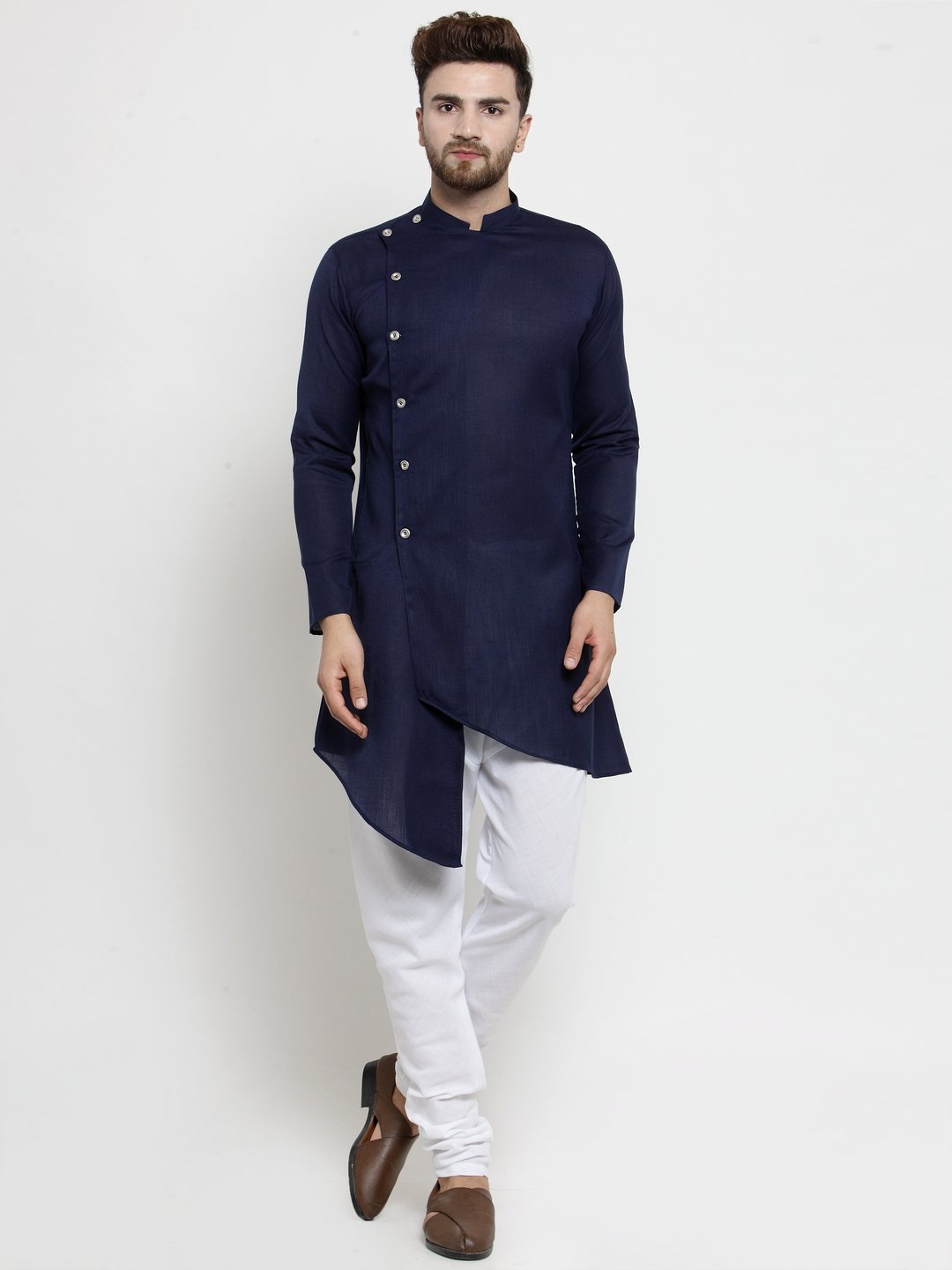 Designer Blue Linen Kurta With Chudidar Pajama For Men By Luxury at Less