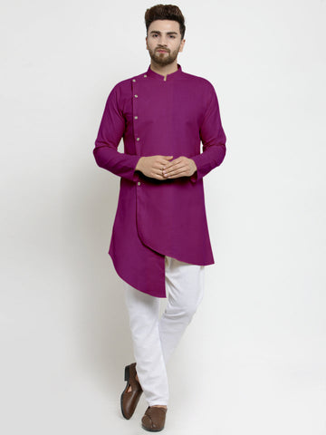 Designer Purple Linen Kurta With White Aligarh Pajama For Men By Luxury at Less