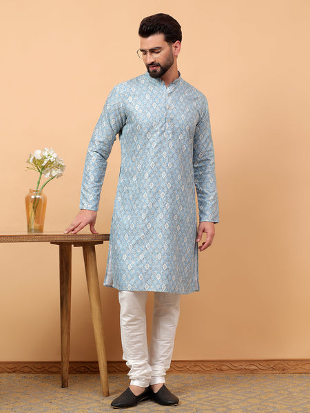 Traditional  Ethnic Wear  Printed  Art Silk Full Sleeve Straight  Regular Fit  Blue Kurta Pyjama Set  For Men