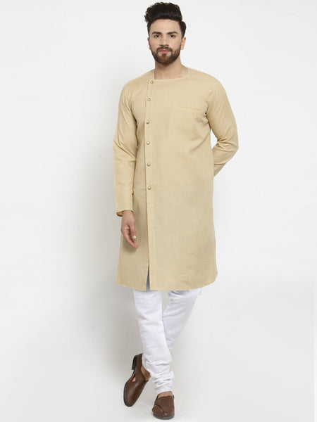 Beige Kurta  With Churidar Pajama Set in Linen For Men by Luxury at Less