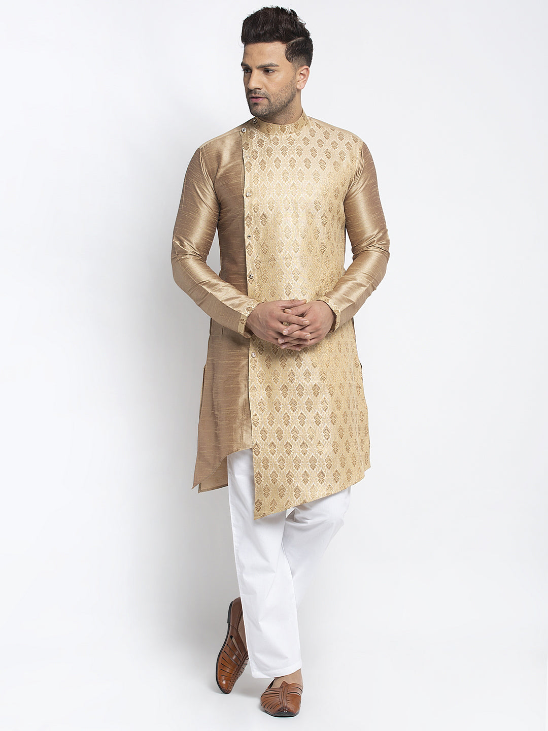 Embellished Brocade Golden Kurta With Aligarh Pajama Set For Men By Luxury at Less