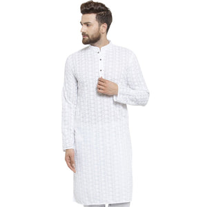 White Cotton Chikankari Lucknowi Jaal Embroidered Kurta By Luxury at Less