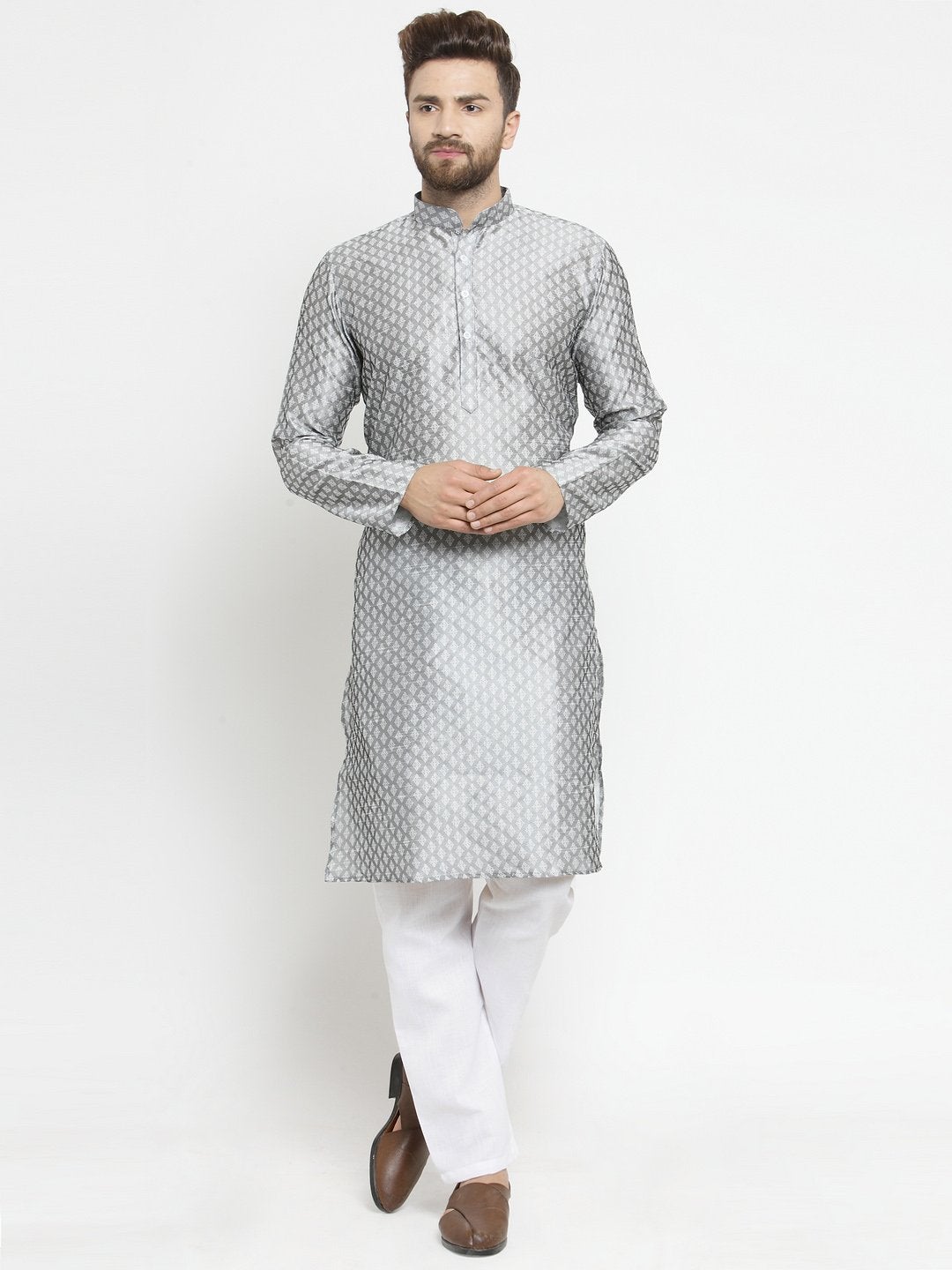 Embellished Brocade Kurta in Grey with Aligarh by Luxury at Less